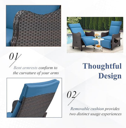 HOMREST Outdoor Recliner Chair with Flip-up Table, Wicker Reclining Chair with 150° Adjustable Backrest, Rattan Armchair with Integrated Footstool & Removable Cushion for Gardens, Navy Blue