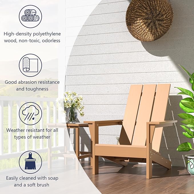ALAULM 3-Piece Adirondack Chair Set with Table,HDPE All-Weather Resistant,Heavy Duty Wooden Textured Finish Outdoor Chair for Patio,Garden,Poolside-Beige
