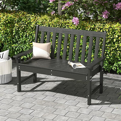 Tangkula HDPE Outdoor Garden Bench with Backrest, 2-Person All-Weather Patio Loveseat Chair with Slatted Seat, 705 lbs Weight Capacity, Patio Benches for Balcony, Garden, Porch, Backyard & Park, Black