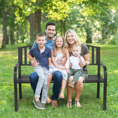 50" Outdoor Garden Bench, Iron Metal Frame Patio Bench with Backrest Armrests, Weatherproof Anti-Rust Outdoor Bench for Front Porch, Park, Yard, Patio (402-32BK)