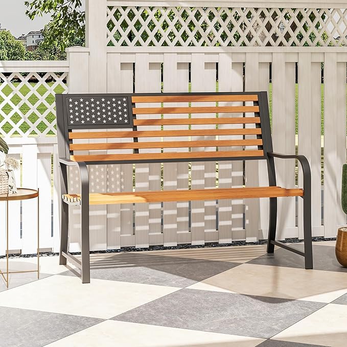 Giantex Outdoor Bench, 2-Person Metal Garden Bench with American Flag Backrest, Curved Armrests & Slatted Seat, 660 Lbs Capacity, Outdoor Bench for Lawn, Porch, Yard, Park Bench