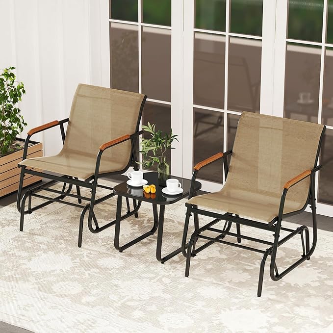 Tangkula 3 Piece Patio Bistro Glider Set, 2 Rocking Chairs w/Tempered Glass Side Table - Photo 9
