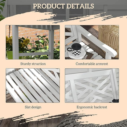 Outsunny Outdoor Garden Bench, Wooden Frame Patio Bench with Geometric Pattern, 43.25 Inch Weatherproof 2-Person Love Seat for Garden, Lawn, Porch, Yard, Work Entryway, White