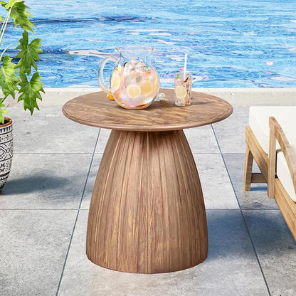 Metal Small Patio Table, Round Outdoor Side Table, Wood Color Outdoor Accent End Table, Patio Furniture, for Garden, Pool, Yard, Balcony, Living Room, Deck, Weather Resistant, No Assembly