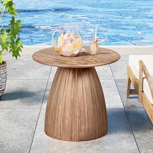 Metal Small Patio Table, Round Outdoor Side Table, Wood Color Outdoor Accent Patio End Table, for Garden, Pool, Deck, Balcony, Yard, Living Room, Weather Resistant, No Assembly