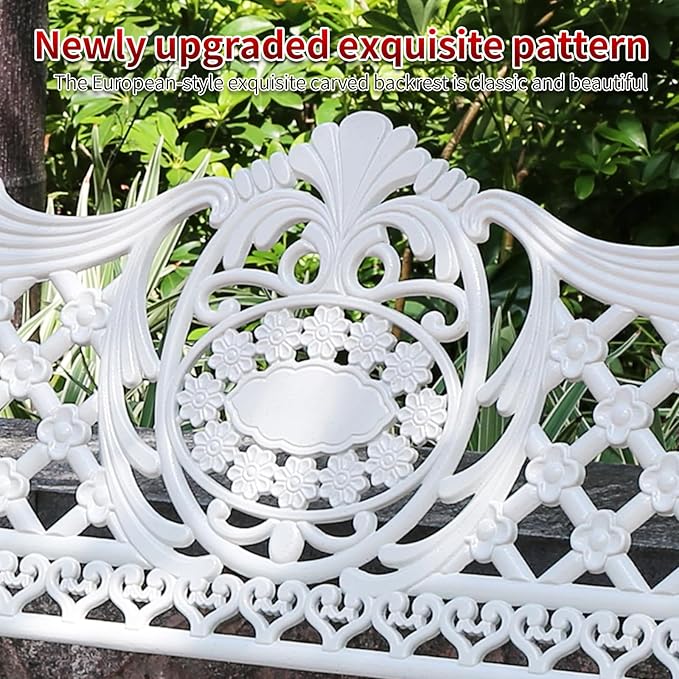 51" Outdoor Bench Garden Bench Cast Aluminum Bench with Floral Back Metal Front Porch Benches for Yard Patio Entryway Park (Pitted White)