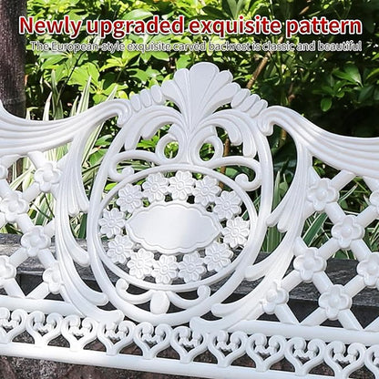 51" Outdoor Bench Garden Bench Cast Aluminum Bench with Floral Back Metal Front Porch Benches for Yard Patio Entryway Park (Pitted White)