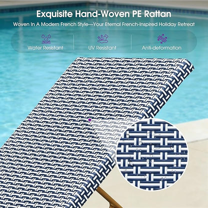PURPLE LEAF Extra Large Patio Chaise Lounge 2 Pieces French Outdoor Wicker Lounger Matte Teak Aluminum Frame 771LBS Capacity PE Rattan Adjustable Backrest for Pool Garden Beach Backyard Navy