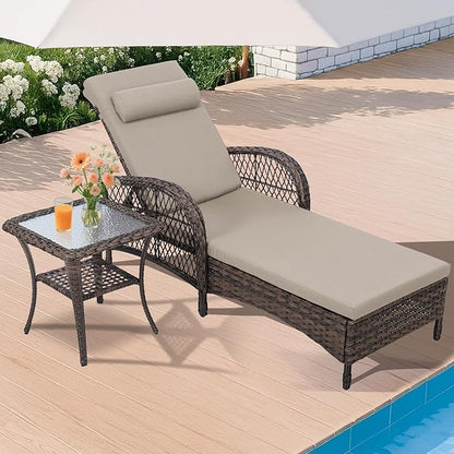 HOMEDIARY Outdoor Wicker Lounge Chair Set, 6-Position Adjustable Patio Chaise Lounge w/Side Table, All Weather Lay Flat Pool Sunbathing Recliner, Armrest & Head Pillow, Fade-Resistant, Beige