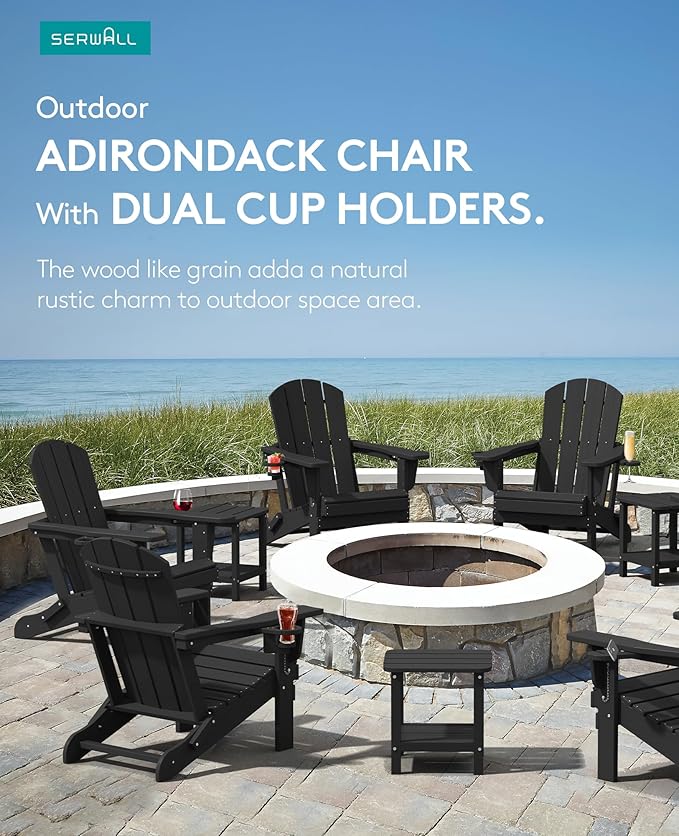SERWALL HDPE Folding Adirondack Chair with Dual Cup Holder - Composite Adirondack Chair Set of 8- Black - Photo 6