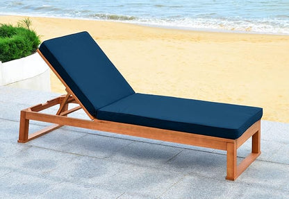 SAFAVIEH Outdoor Collection Solano Natural Brown Solid Wood/Navy Blue Cushion Patio Adjustable Chaise Lounge Chair (PAT7024C)