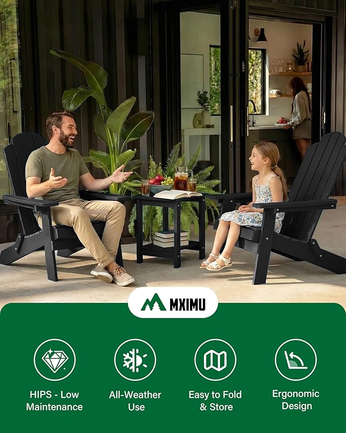 MXIMU Folding Adirondack Chair for Outdoor: Easy to Assemble and Comfortable Adirondack Chairs Set of 8 - All Weather Composite Plastic Chair for Outside Fire Pit Patio Lawn Garden Backyard Use(Black)