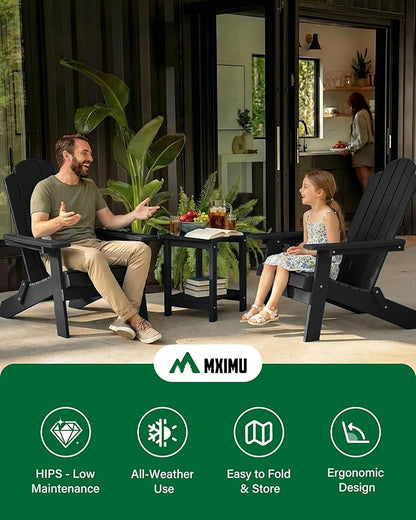 MXIMU Folding Adirondack Chair for Outdoor: Easy to Assemble and Comfortable Adirondack Chairs Set of 8 - All Weather Composite Plastic Chair for Outside Fire Pit Patio Lawn Garden Backyard Use(Black)