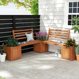 Outdoor Planter Box with Bench, Teak Oil Finish Wood Seat with 2 Open-Ended Base Garden Beds & Backrest - Photo 9