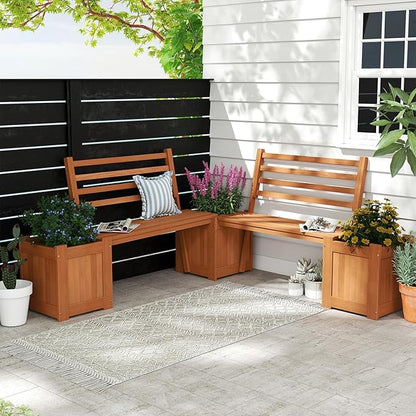 Outdoor Planter Box with Bench, Teak Oil Finish Wood Seat with 2 Open-Ended Base Garden Beds & Backrest, Decorative Plant Container for Yard, Balcony & Porch