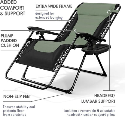 Nestl Outdoor Padded Zero Gravity Chair Set of 2, Patio Lounge Chair Outdoor Recliner, Oversized Anti Gravity Lounger with Adjustable Headrest and Cup Holder, Foldable for Camping- Black/Sage Green