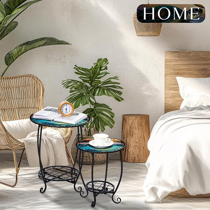 2 Pcs Outdoor Side Table Small Patio Round Mosaic Accent End Table Indoor Plant Metal Coffee Tea Tables for Patio Yard Porch Garden Living Room(12" and 16",Turtle Style)