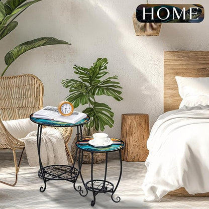 2 Pcs Outdoor Side Table Small Patio Round Mosaic Accent End Table Indoor Plant Metal Coffee Tea Tables for Patio Yard Porch Garden Living Room(12" and 16",Turtle Style)