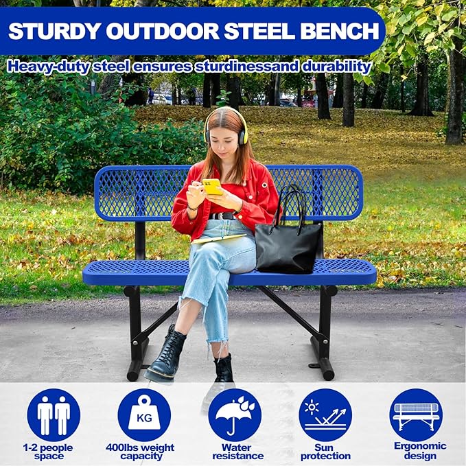 Heavy-Duty Park Bench for Outside - Black Coated Outdoor Furniture Steel Bench, Commercial-Grade Outdoor Benches Weatherproof for Park, Patio, Porch (Portable with Back) (Blue, 4FT)