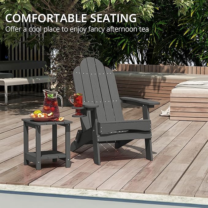 LUE BONA Folding Adirondack Chair Set of 6, Dark Gray HDPS Fire Pit Patio Chairs Weather Resistant, Modern Plastic Outdoor Chairs with Cup Holder