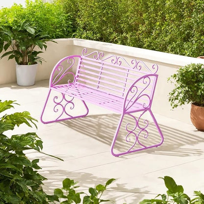 2-Seat Patio Porch Bench 45"，Outdoor Metal Garden Bench，Weather Proof Porch Path Chair，Patio Bench with Backrest and Armrests，Patio Bench for Lawn Path Yard Decor Deck Furniture(Pink)