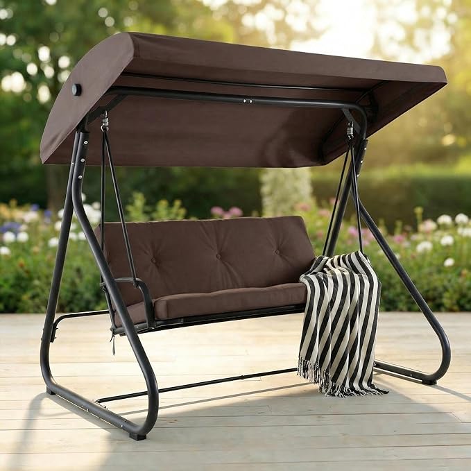 3-Seat Outdoor Convertible Swing Glider with Adjustable Canopy, 2-in-1 Bench to Flat Bed, Removable Cushions - Photo 6