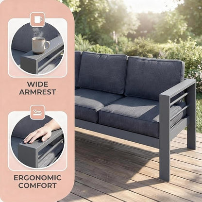 Kiss the Water Outdoor Couch Aluminum Patio Furniture Sofa, 3 Seat All-Weather Metal Patio Couch with 5" Thick and Soft Cushion and Wide Arm, Outdoor Sofa for Balcony, Porch