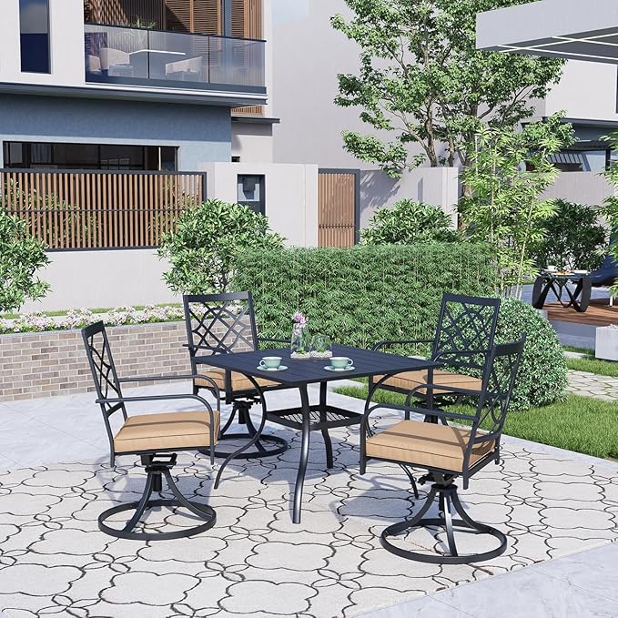 SUNCROWN 5-Piece Outdoor Dining Set Metal Swivel Cushioned Chairs Patio Furniture Sets with Steel Slat Bistro Table for Backyard, Lawn, Garden, Deck, Poolside