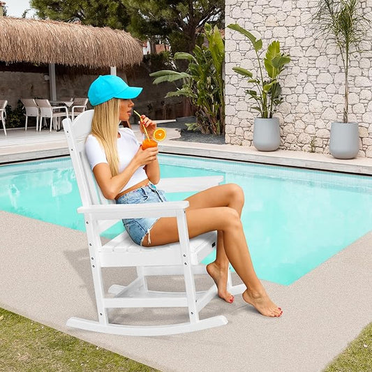 VINGLI Outdoor Rocking Chair Set of 2, HDPE Rocking Chair with Higher Backrest, All Weather Rocker for Garden, Yard, Balcony, White