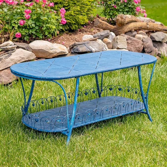 Zaer Ltd. Vintage Style Metal Patio Furniture with Heart Design Accents, Outdoor/Indoor Decor (Vintage Blue, Coffee Table)