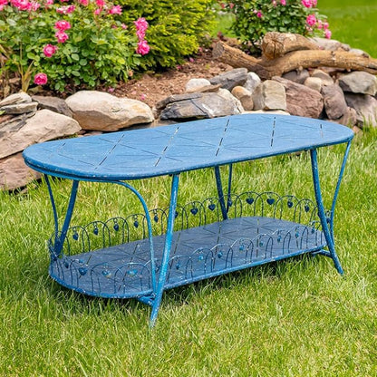 Zaer Ltd. Vintage Style Metal Patio Furniture with Heart Design Accents, Outdoor/Indoor Decor (Vintage Blue, Coffee Table)