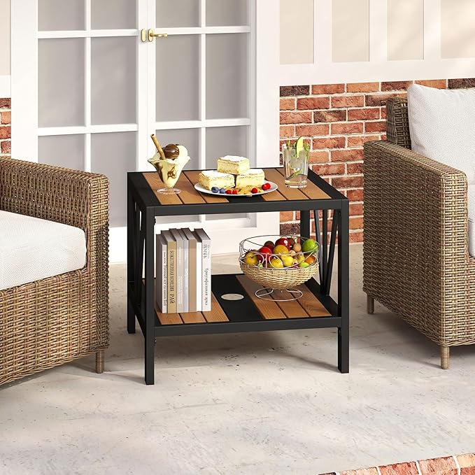 HAPPYGRILL Outdoor Side Table with Umbrella Hole 1.57”, 2-Tier Coffee Bistro End Table Umbrella Stand with Storage Shelf, for Backyard Poolside Garden (1)