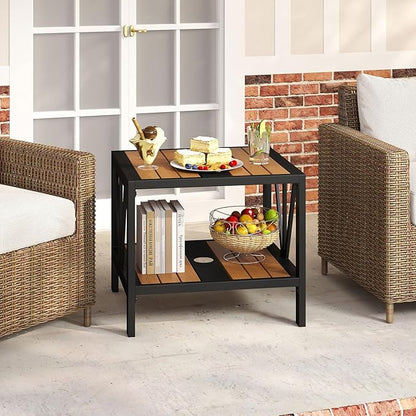 HAPPYGRILL Outdoor Side Table with Umbrella Hole 1.57”, 2-Tier Coffee Bistro End Table Umbrella Stand with Storage Shelf, for Backyard Poolside Garden (1)