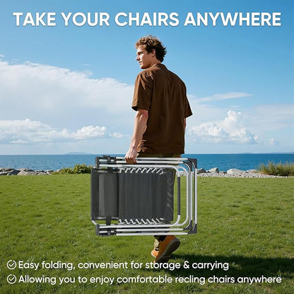 DUMOS Set of 2 Zero Gravity Chair, Reclining Camping Lounge Chair for Outdoor, Reclining Patio Chairs with Cup Holder Trays and Removable Cushion, Folding Recliner for Indoor, Grey