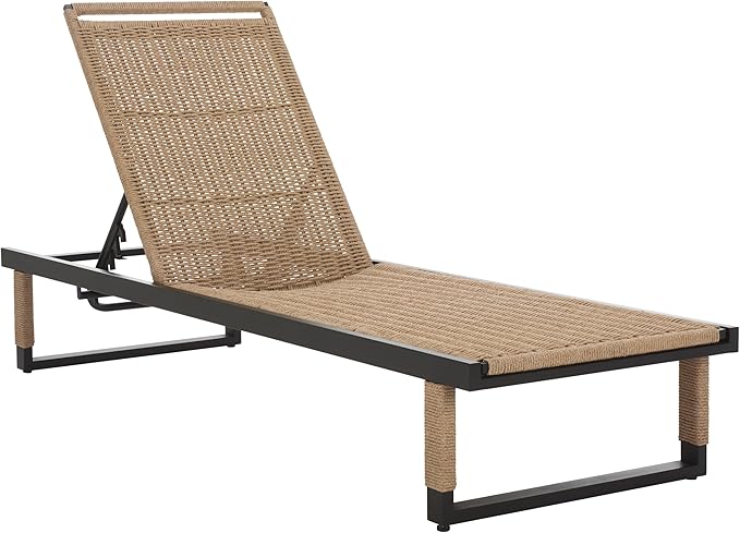 SAFAVIEH Outdoor Patio Furniture Collection - Arman Black Metal & Heather Tan Rope Chaise Lounge Chair, 6 Reclining Positions, No Cushion (PAT7548A)