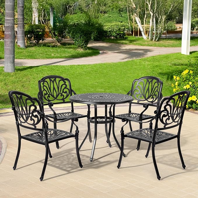 VINGLI Patio Chairs Set of 2 - Stackable Outdoor Cast Aluminum Dining Chairs with Vintage Black Finish and Floral Pattern, Metal Armchairs for Poolside, Backyard, Balcony (with Cushion)