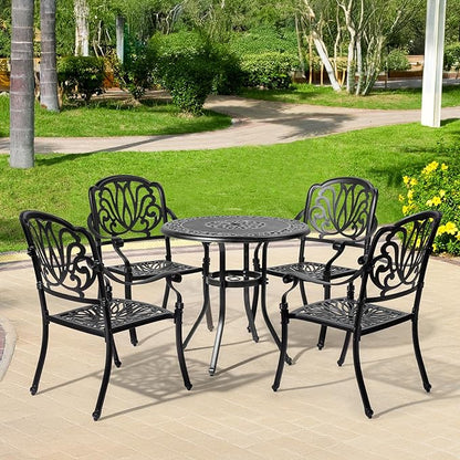 VINGLI Patio Chairs Set of 4 - Stackable Outdoor Cast Aluminum Dining Chairs with Vintage Black Finish and Floral Pattern, Metal Armchairs for Poolside, Backyard, Balcony (No Cushion)