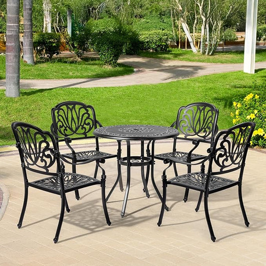 VINGLI Patio Chairs Set of 4 - Stackable Outdoor Cast Aluminum Dining Chairs with Vintage Black Finish and Floral Pattern, Metal Armchairs for Poolside, Backyard, Balcony (No Cushion)