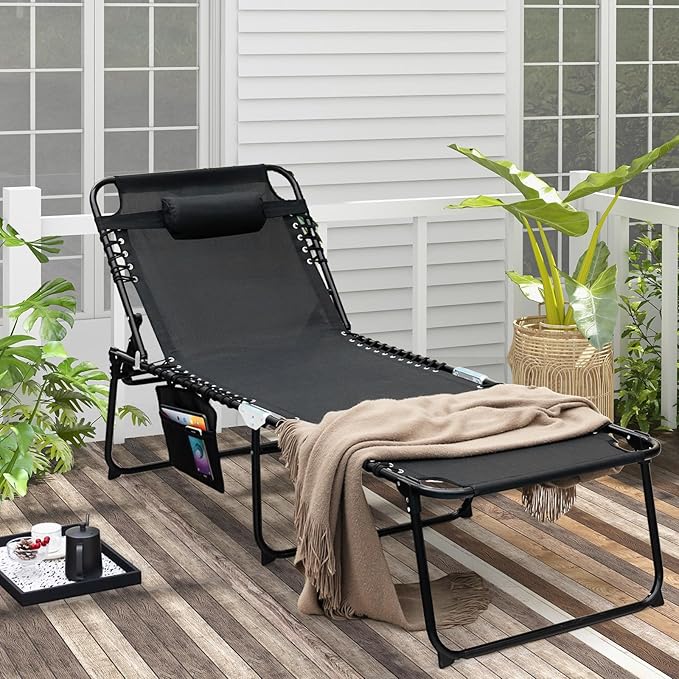 Giantex Lounge Chair Outdoor, Folding Tanning Chair with 4 Adjustable Positions, Removable Headrest, Footrest, Side Pocket, Load 440 Lbs, Portable Recliner for Lawn, Yard, Beach, Sunbathing (1, Black)