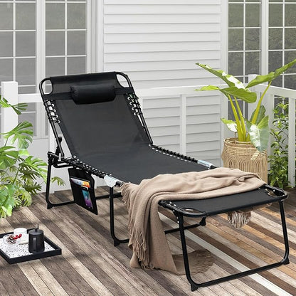 Giantex Lounge Chair Outdoor, Folding Tanning Chair with 4 Adjustable Positions, Removable Headrest, Footrest, Side Pocket, Load 440 Lbs, Portable Recliner for Lawn, Yard, Beach, Sunbathing (1, Black)