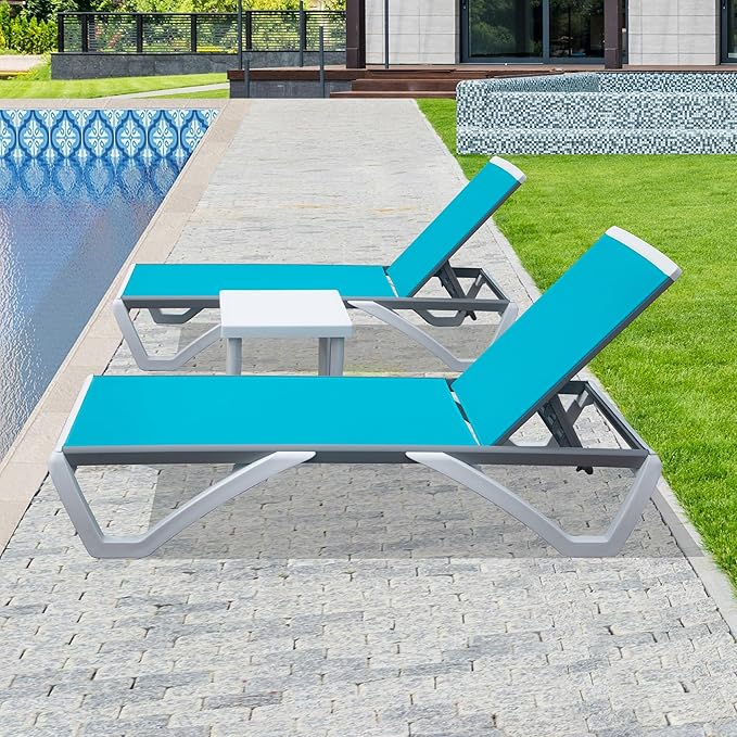 Domi Outdoor Lounge Chair Set of 3, Aluminum Patio Chaise Lounge with 5 Position Adjustable Backrest and Wheels, All Weather Reclining Chair for Patio, Yard, Balcony, Poolside (Lake Blue)