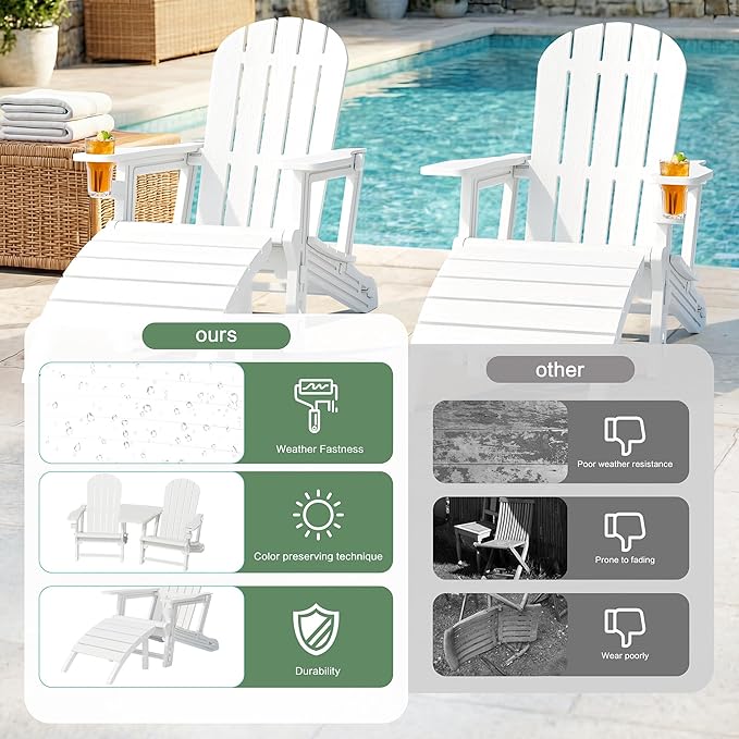 JY QAQA Outdoor Adirondack Chair Set of 2 with Detachable Table & Ottoman, All-Weather HDPE Patio Furniture with Wood Texture & Cup Holder for Patio, Poolside, Garden, White