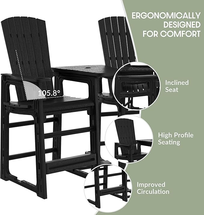 WestinTrends Azura Outdoor Tall Adirondack Chairs with Connecting Table Tray (Set of 2), Black