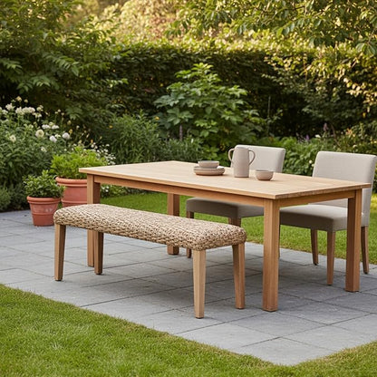 Outdoor Backless Bench, All-Weather Wicker & Solid Acacia Wood, Premium Garden Bench with Woven Rattan Seat and Thick Outdoor Cushion for Patio, Porch, Living Room or Entryway (Natural, PE Wicker).