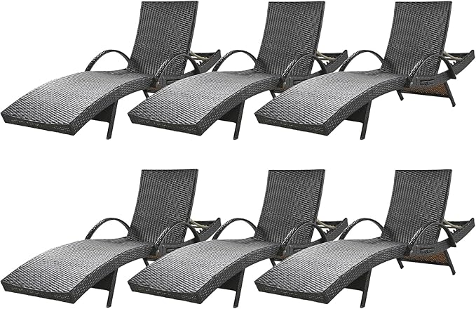 80'' Outdoor Wicker Chaise Lounge Chairs Set of 6, Patio Rattan Reclining Chair with Pull-Out Side Table - Photo 1