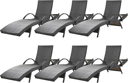 80'' Outdoor Wicker Chaise Lounge Chairs Set of 6, Patio Rattan Reclining Chair with Pull-Out Side Table, Adjustable Backrest for Beach, Poolside, Garden, Backyard, Dark Brown