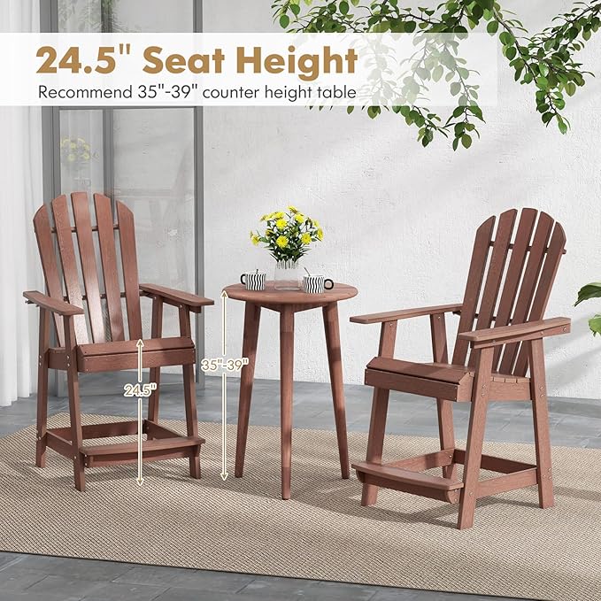 Giantex Tall Adirondack Chair Set of 2, HDPE Outdoor Bar Stools with Armrests, 4.5” Wide Footrest, Patio Adirondack Barstools, All-Weather Balcony Chairs for Poolside, Garden, Backyard (Coffee)