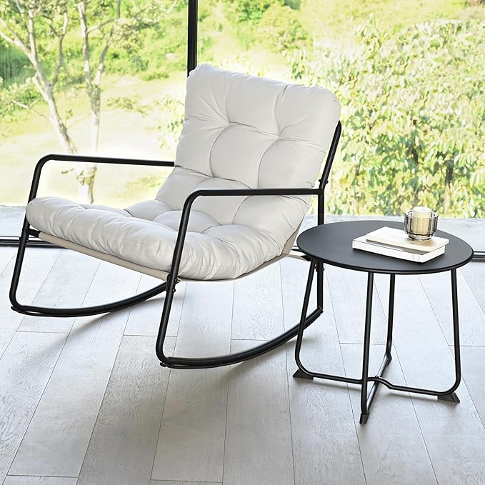 Outdoor Rocking Chair Set, 2-Piece Metal Patio Bistro Set with Patio Rocker Chair and Round Side Table, Outdoor Papasan Chair with Padded Cushion for Garden, Apartment, Indoor, Off-White