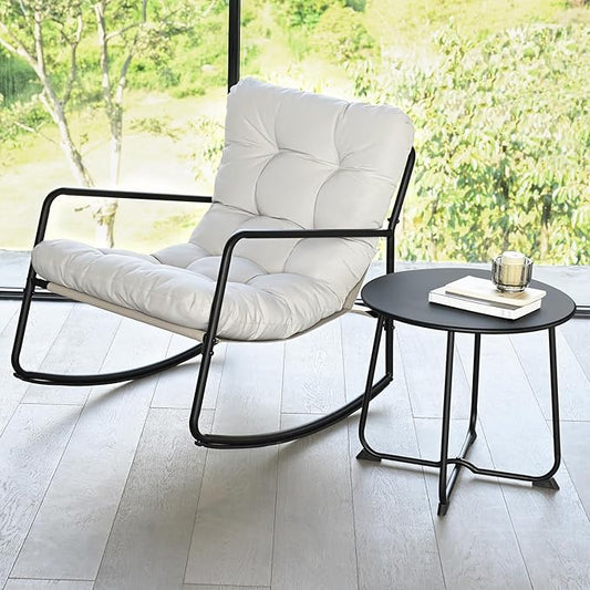 Outdoor Rocking Chair Set, 2-Piece Metal Patio Bistro Set with Patio Rocker Chair and Round Side Table, Outdoor Papasan Chair with Padded Cushion for Garden, Apartment, Indoor, Off-White