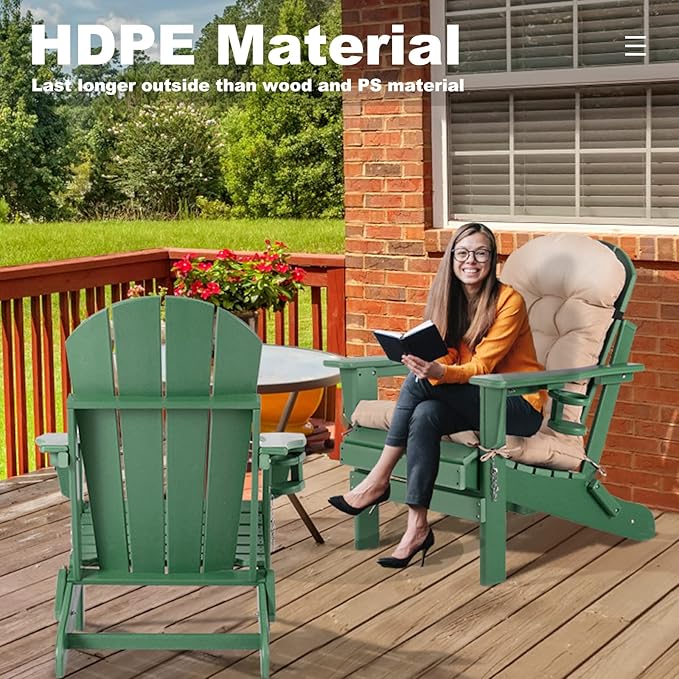 Adirondack Chairs Set of 2 with Cushions & Cup Holders, HDPE Weather Resistant Folding Adirondack Chair for Adults - Photo 6
